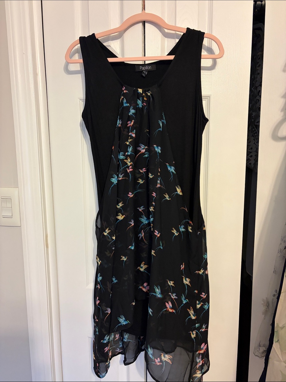 Papillon Blanc Black Floral Bird-Print Sleeveless Dress